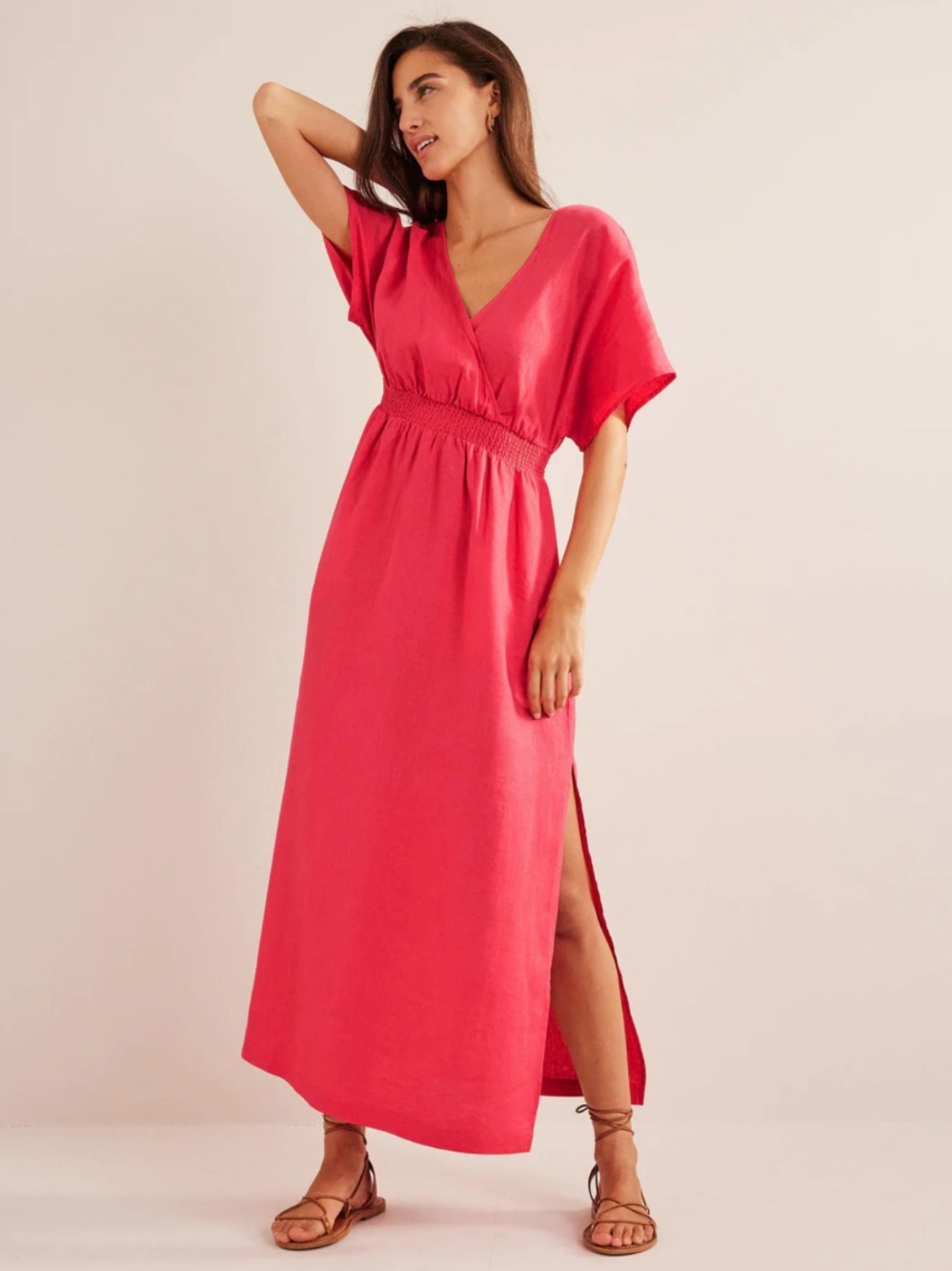 NWT Boden Coral Pink Linen Kaftan Maxi Dress in Coral Sunset, Size 6